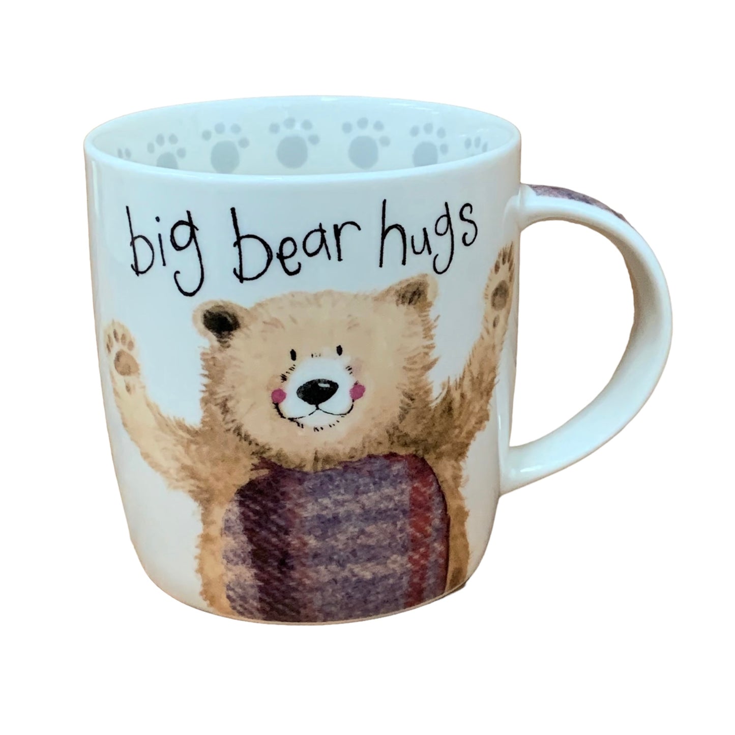 This Alex Clark mug is illustrated with a lovely bear with its arms open for a welcome hug, along with the words "big bear hugs" on the top of the mug.  This mug also features a bear paws illustration around the inside rim & illustrations down the handle.  