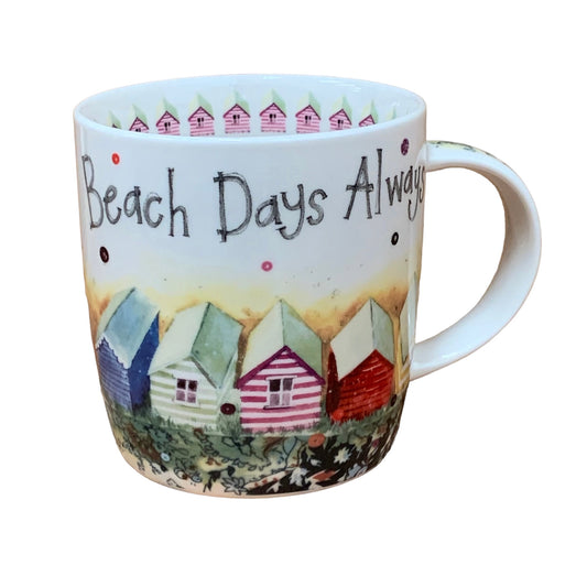 This Alex Clark mug is illustrated with a lovely array of colourful beechnuts & the words "Beach Days Always" along the top of the mug.  This mug also features a beach huts illustration around the inside rim & illustrations down the handle.  