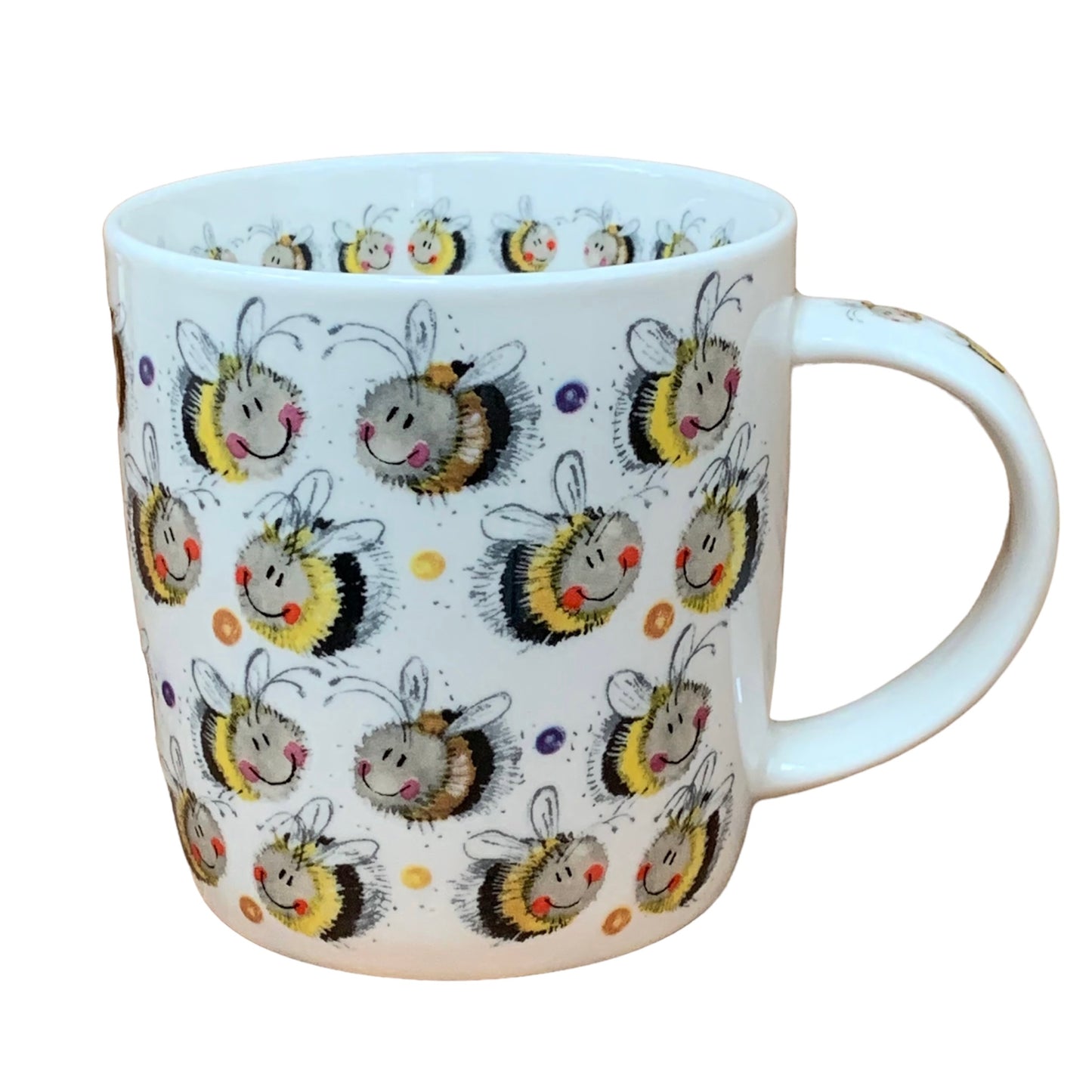 This Alex Clark mug is illustrated with lots of lovely happy bumble bees all over it.  This mug also features a bee illustration around the inside rim & illustrations down the handle.  