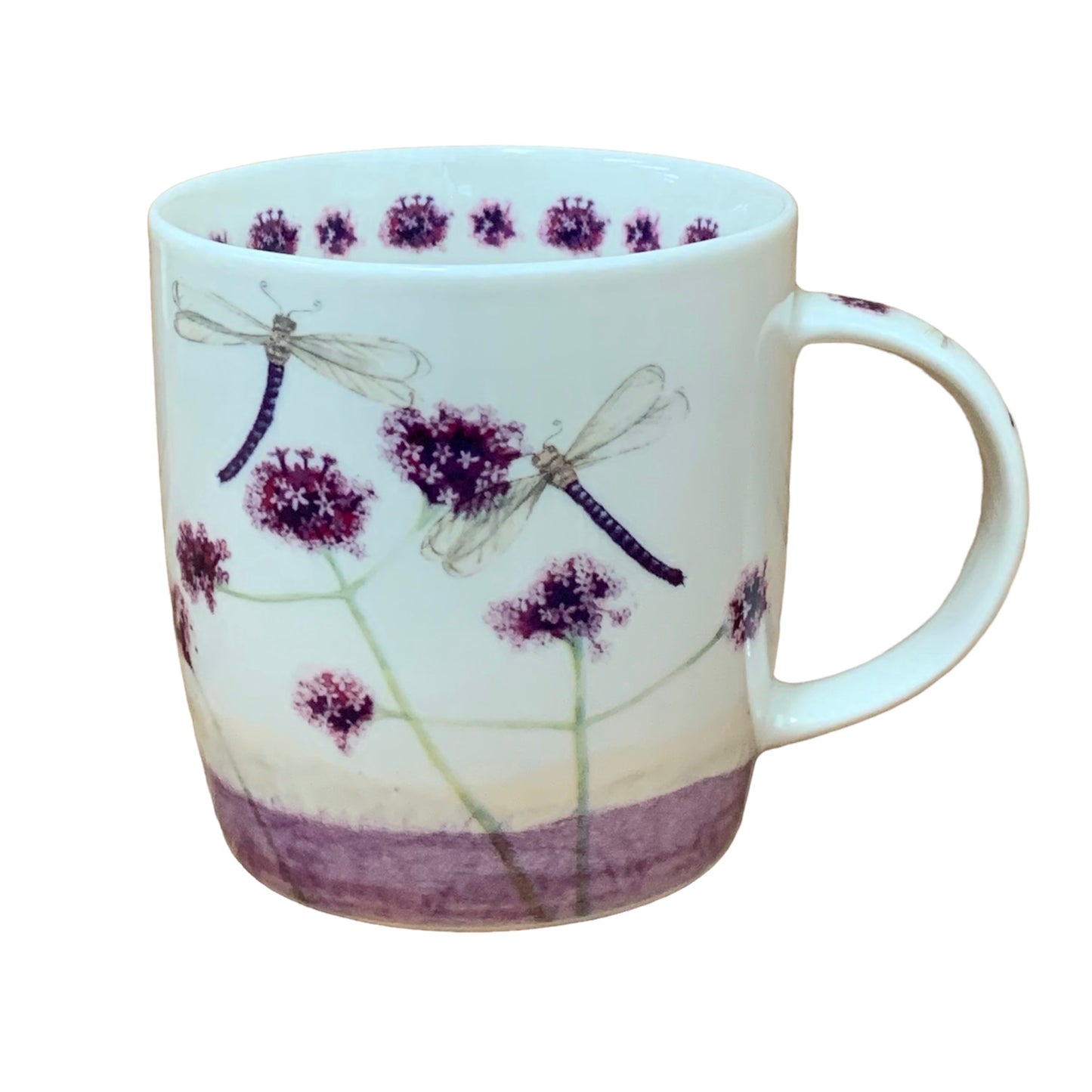 This Alex Clark mug is illustrated with lovely dragonflies hoovering over meadow flowers.  This mug also features a flower illustration around the inside rim & illustrations down the handle.  