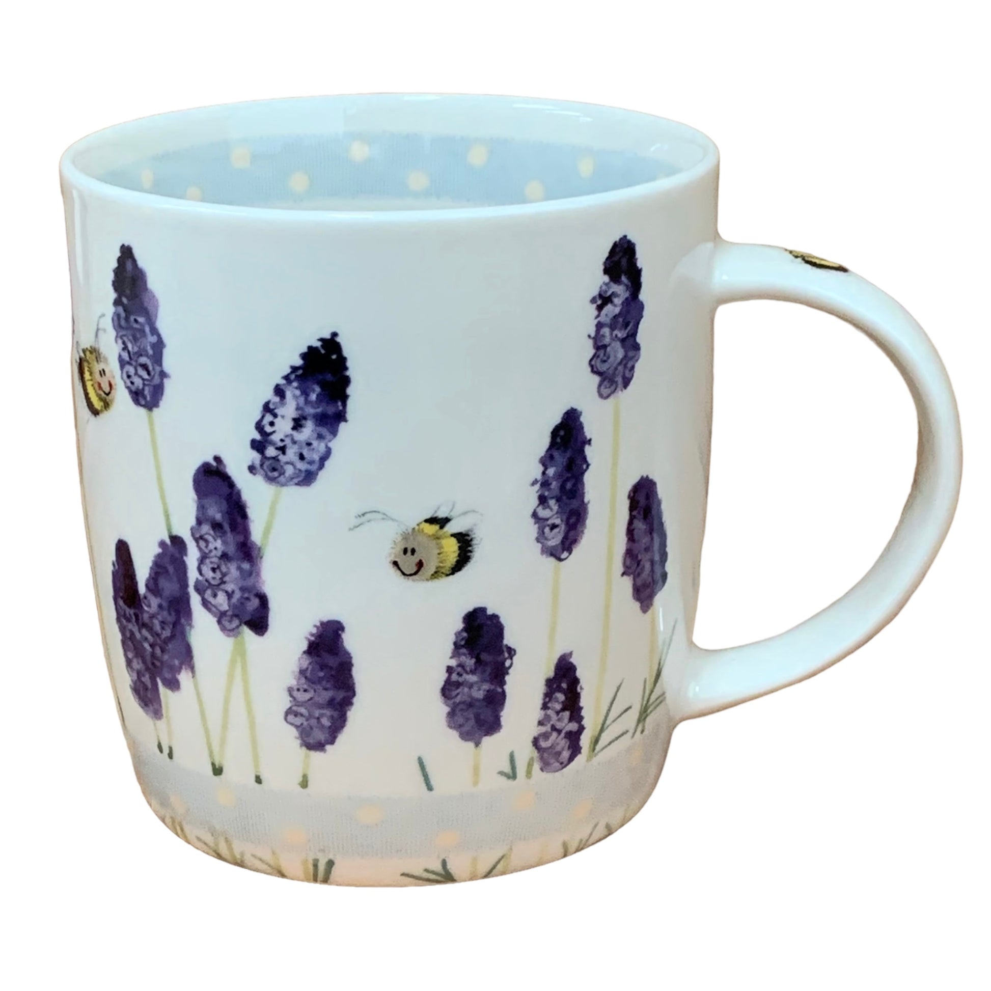 This Alex Clark mug is illustrated with lovely bumble bees hoovering over lavender flowers.  This mug also features a illustration around the inside rim & illustrations down the handle.