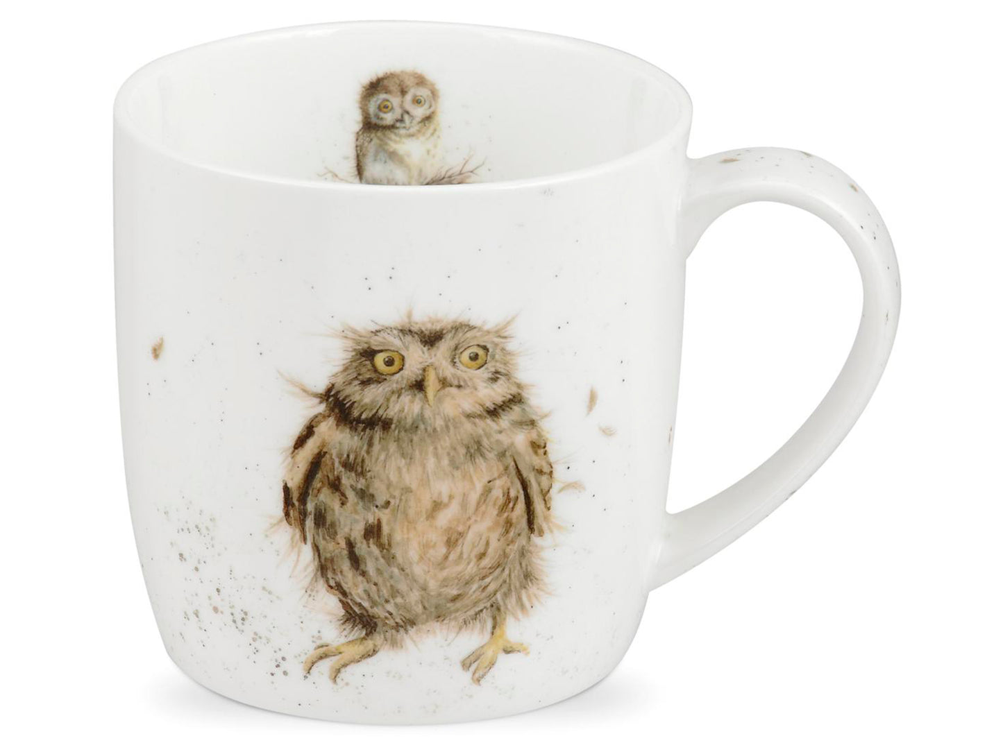 A white mug with a watercolour painting of a brown owl on the front