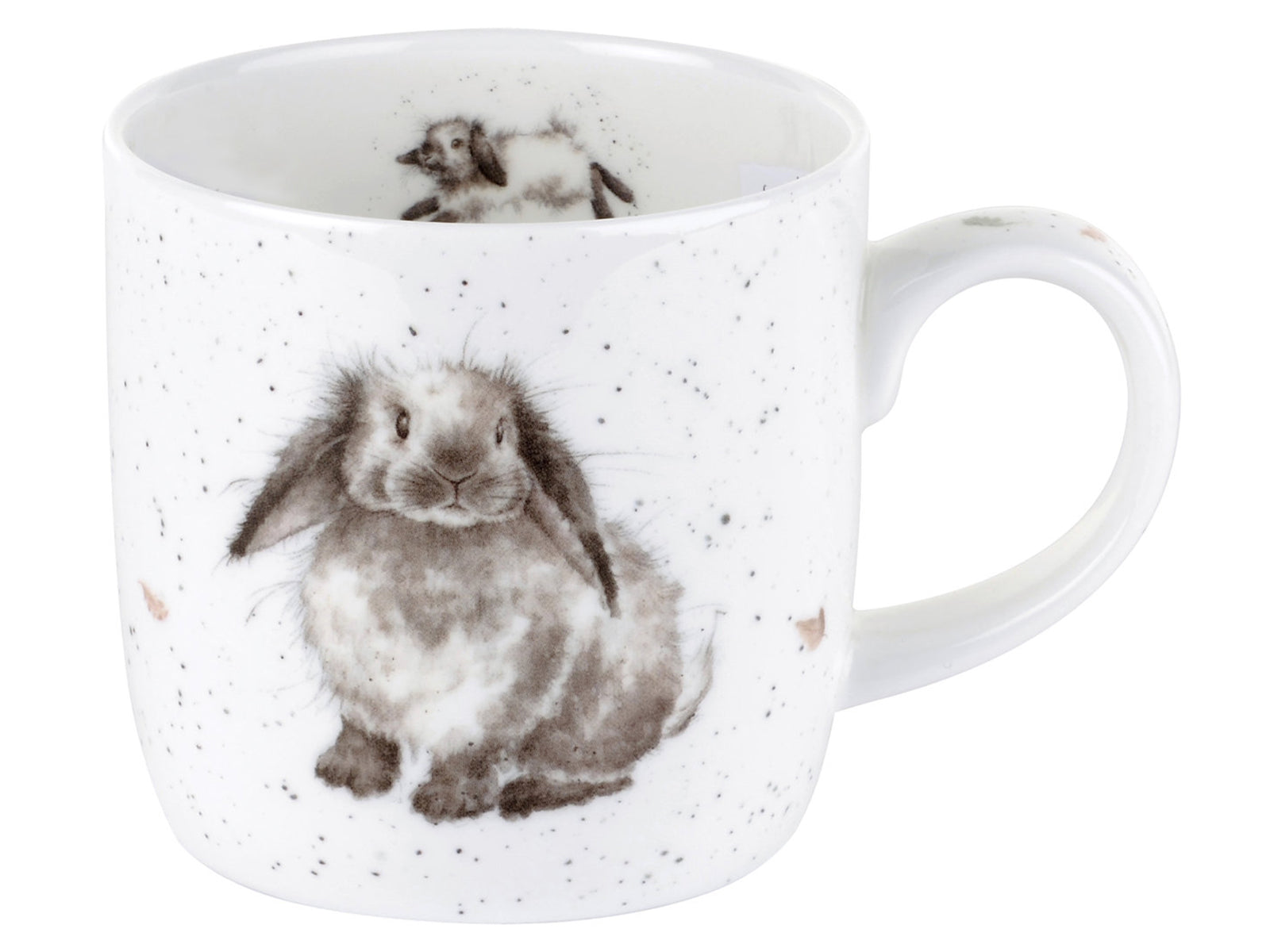 A white porcelain mug with a watercolour painting of a grey and white rabbit on the front