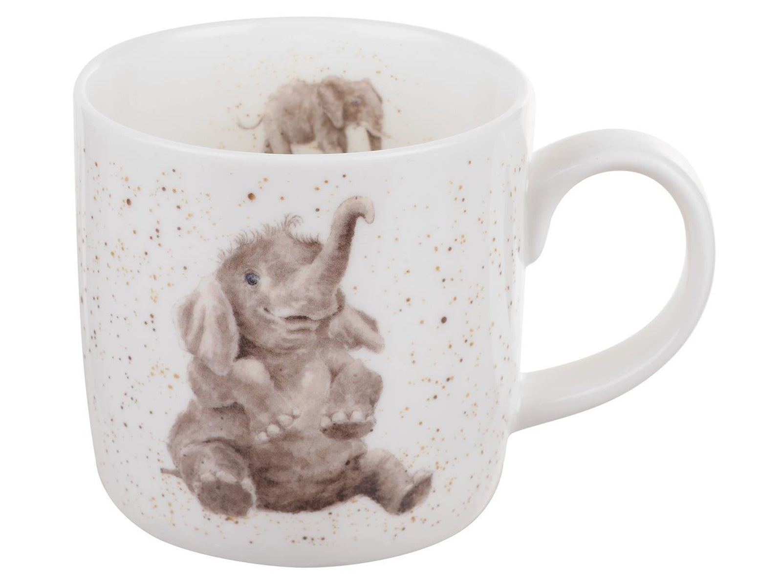 A cream porcelain mug with a watercolour baby elephant on the front