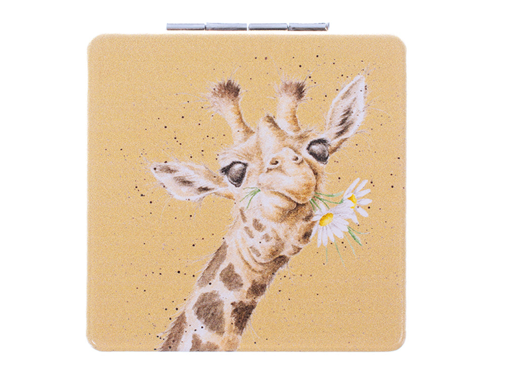 a bright yellow square pocket mirror with a giraffe eating daisies on the front