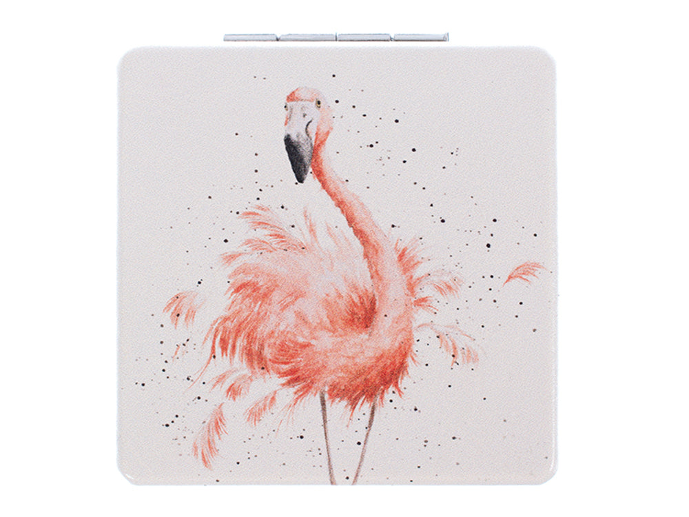 A rose-white pocket mirror with a bright pink flamingo on the front