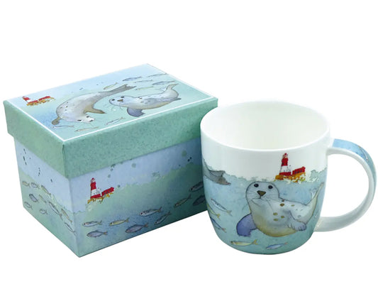 Designed by Emma for her Sealife collection, these Fine Bone China mugs featuring Swimming Seals are exquisitely packaged in a captivating gift box, making them the ideal gift for that special someone. Dishwasher & Microwave Safe Capacity of 350ml Height 8.5 cm Diameter 9 cm