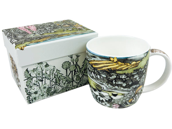 A ceramic mug and its matching gift box, both decorated with a detailed botanical and landscape illustration in black, green, yellow, and pink on a white base, set against a plain white background.