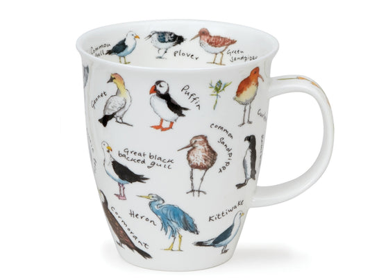 Dunoon Nevis British Life Coast mug featuring illustrated British coastal birds with handwritten labels on a white background