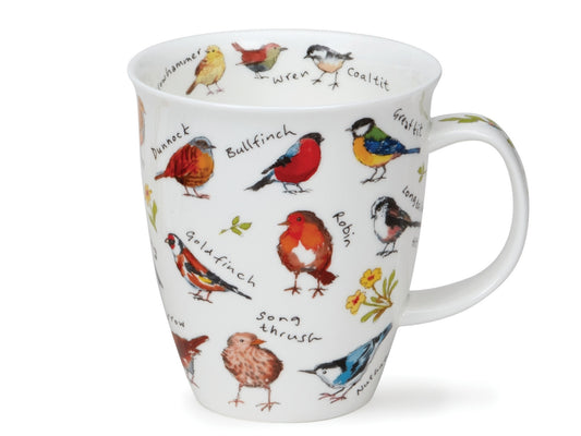 Dunoon Nevis British Life Garden Birds mug featuring illustrated British garden birds with handwritten labels on a white background