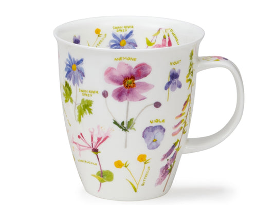 Dunoon Nevis Floral Jumble Pink mug featuring illustrated labelled flowers in pink, lilac, blue and yellow tones on a white background