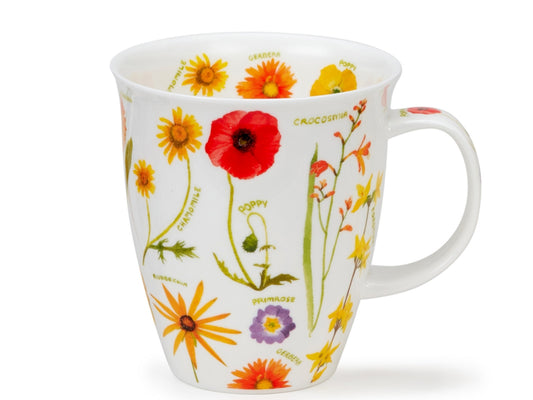 Dunoon Nevis Floral Jumble Red mug featuring illustrated labelled flowers in red, orange and yellow tones on a white background