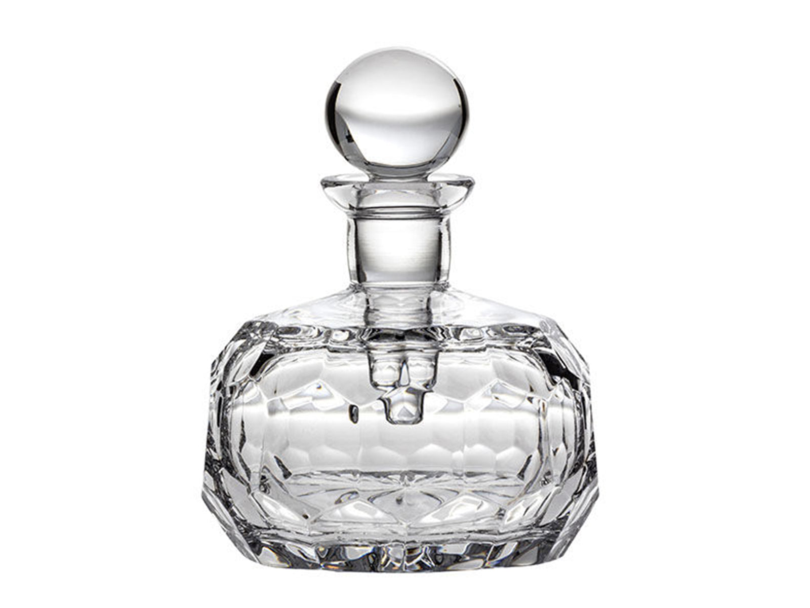A round crystal perfume bottle with an art-deco style design cut into the exterior. It has a spherical stopper with a slender dabber inside.