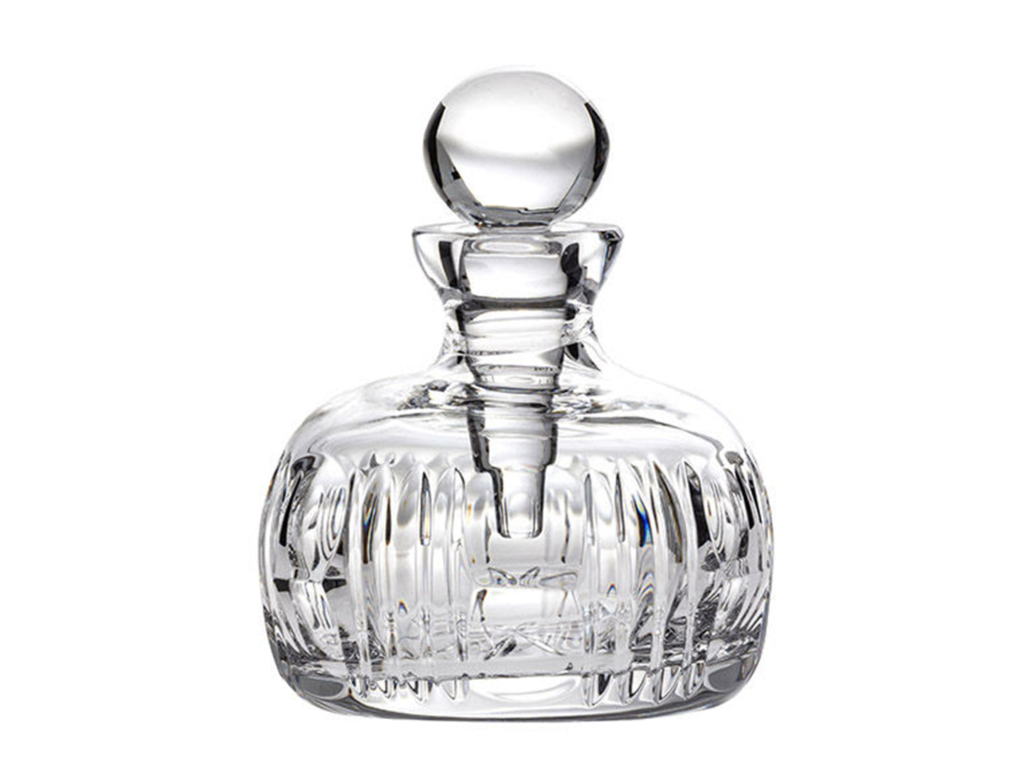 A solid crystal perfume bottle with a dabber stick and stopper. The bottle has a cut pattern with vertical slashes cut into the outside.