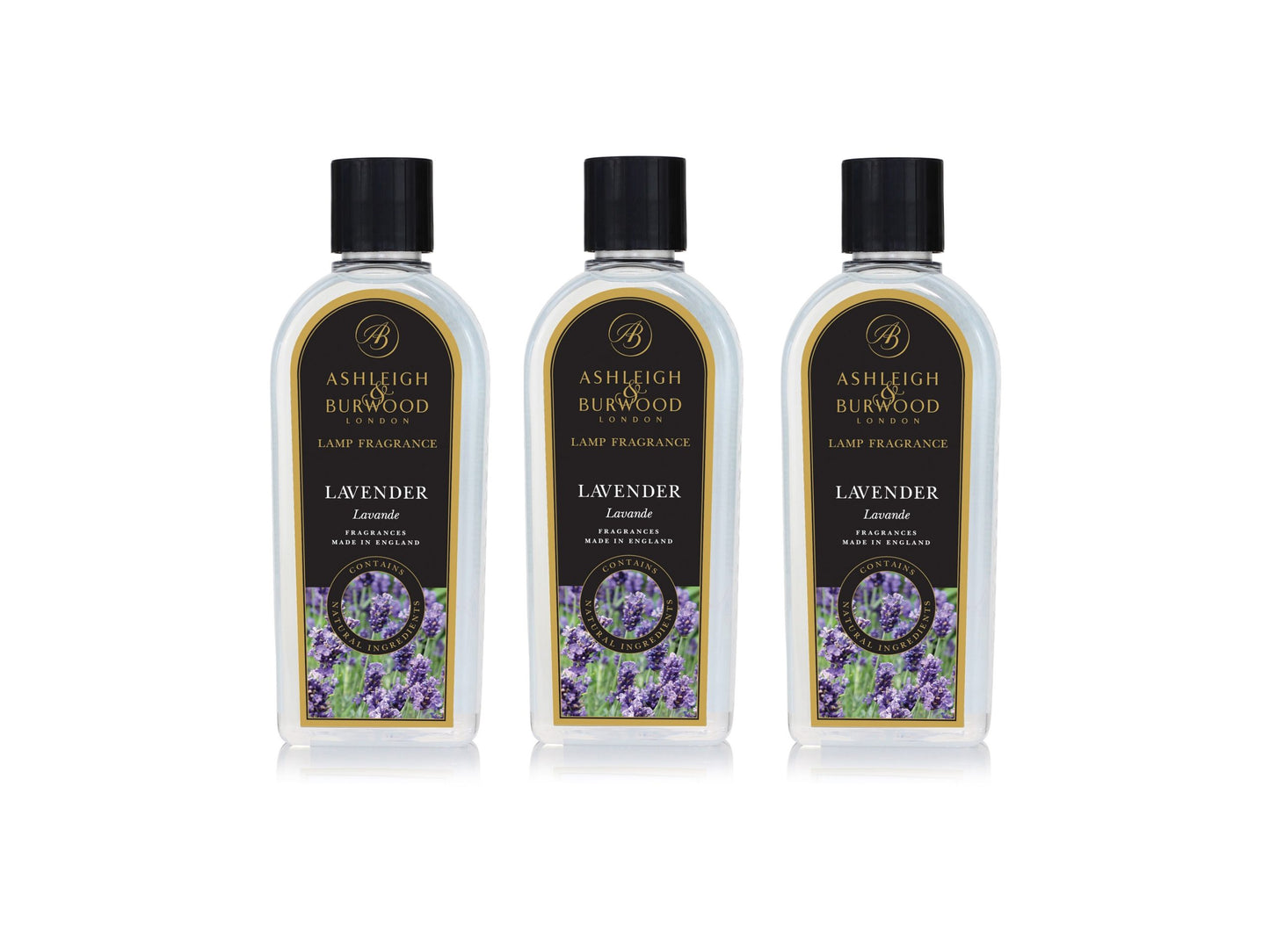 Three bottles of lavender lamp liquid in clear bottles with black caps and labels