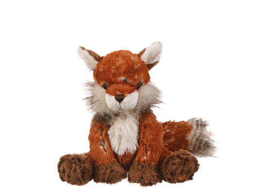 A stuffed fox toy with orange fur and white tummy, bottom of it's head and inner ears
