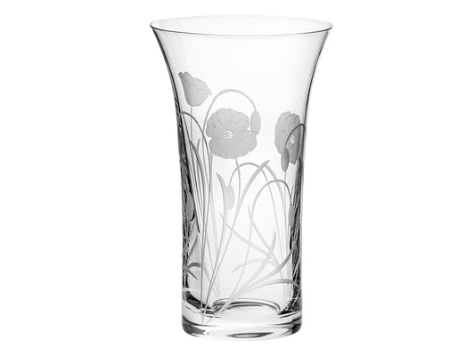 A straight crystal vase with a flared lip, engraved with a poppy design on the outside