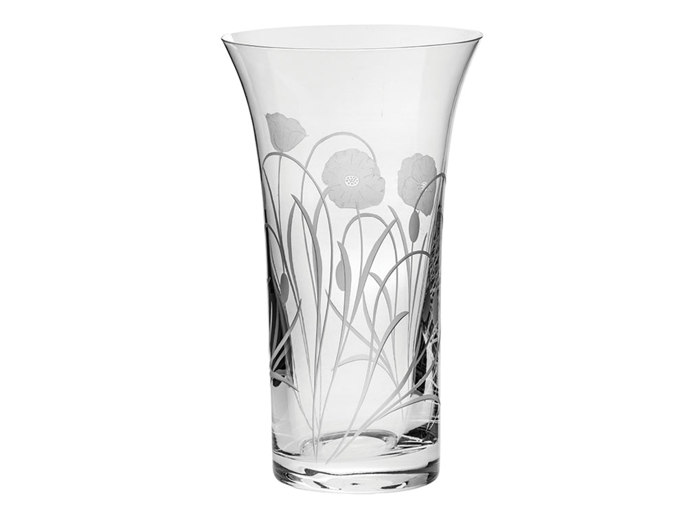 A large crystal vase with a flared lip, engraved with a frosted poppy pattern around the outside