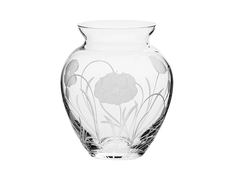 A small crystal poppy vase with a frosted poppy design cut into the outside