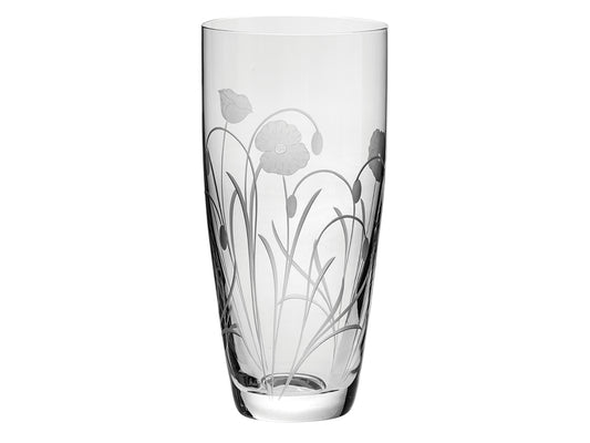 A tall crystal vase with gently tapered sides, engraved with a frosted poppy design around the outside