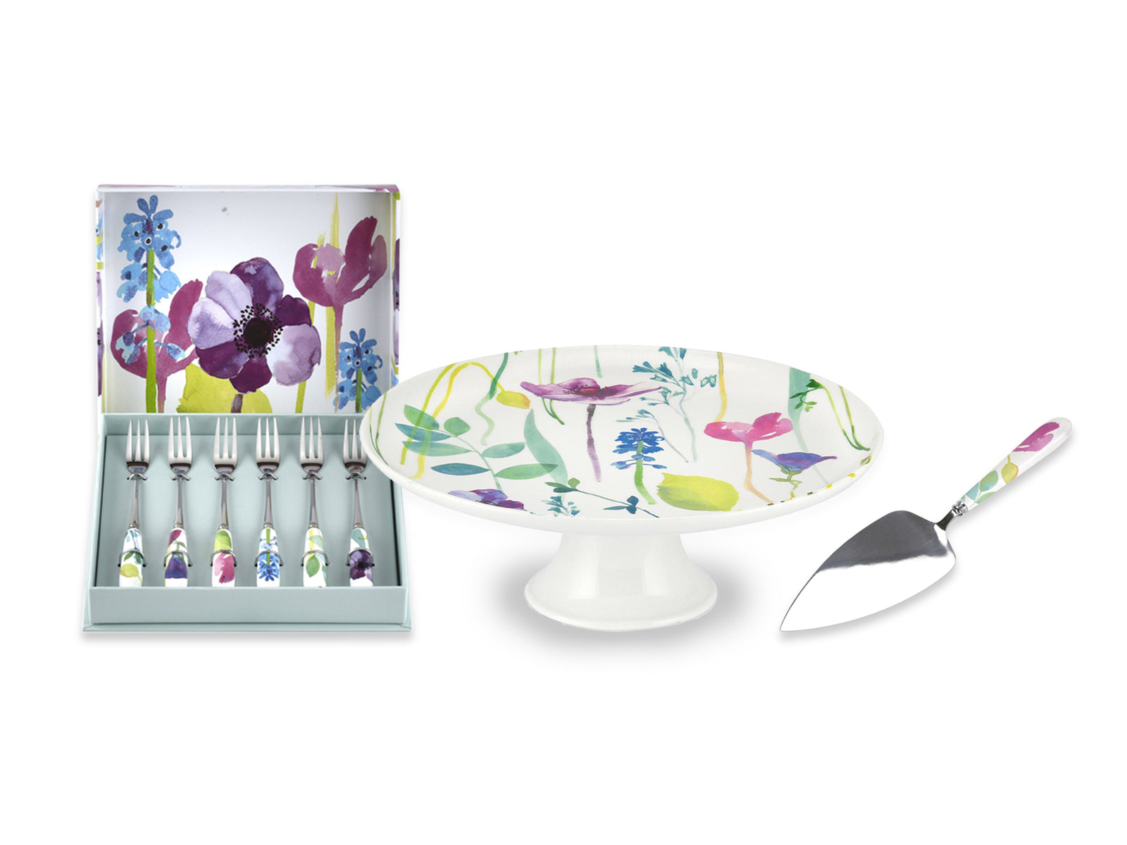 Portmeirion Water Garden Bundle - Cake Stand & Slice with Pastry Forks