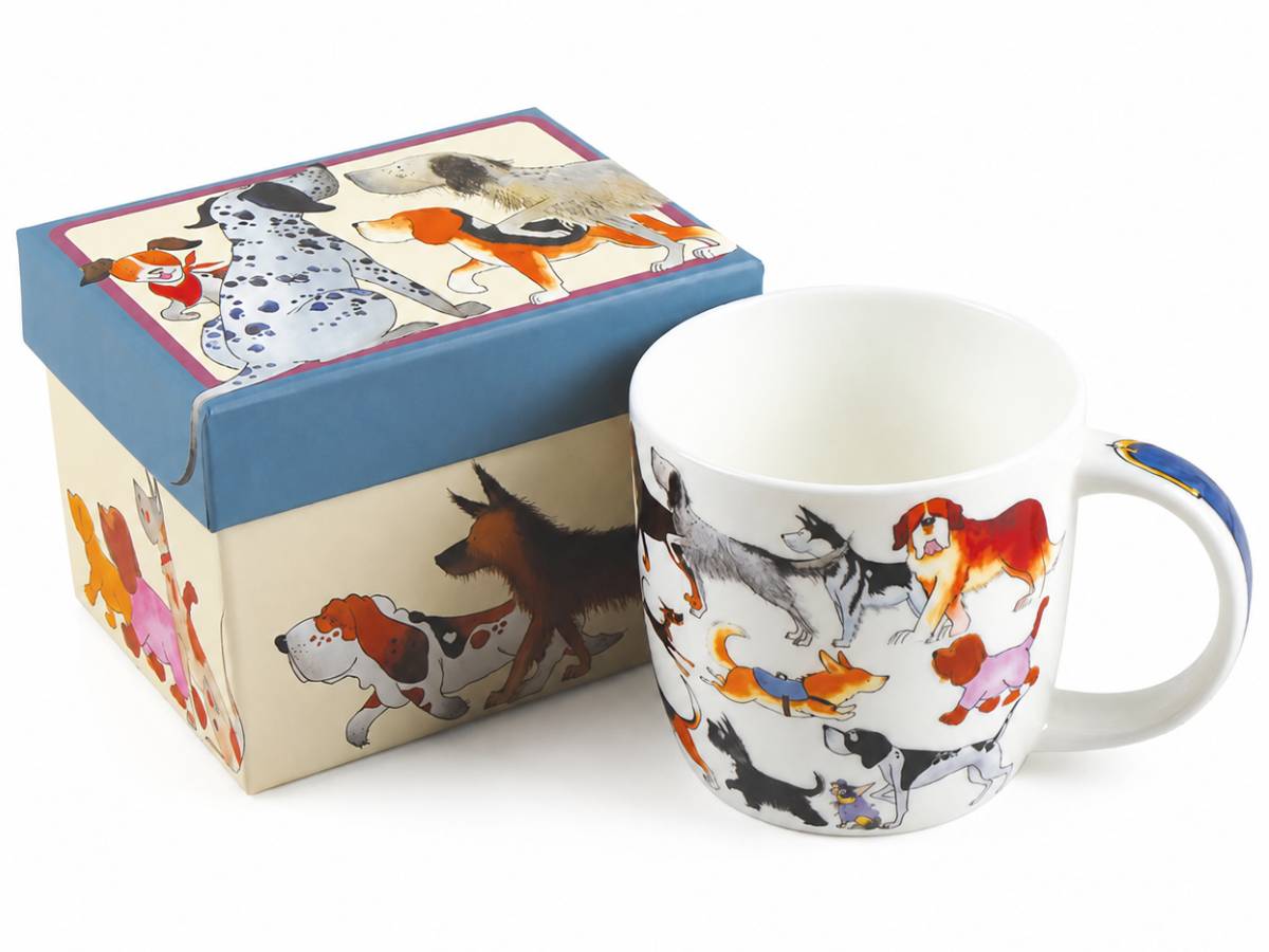 Boxed Emma Ball Paw Club mug on white, decorated with assorted illustrated dogs in different colours and breeds.