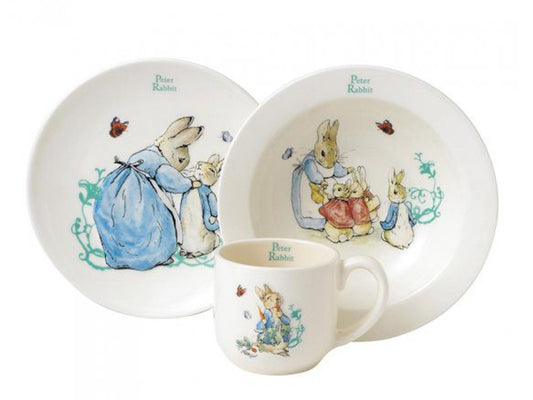 This charming baby's crockery set is perfect for serving your baby's meals. Featuring a bowl, plate and mug, all decorated with Beatrix Potter's well-loved characters from the Tale of Peter Rabbit, this delightful collection is ideal as a first birthday gift for your little one.