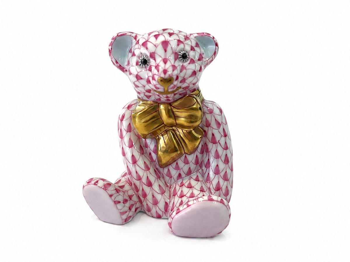 Herend Teddy Bear with gold bow in pink fishnet hand-painted porcelain with 24k gold accents.