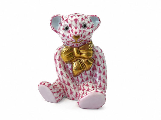 Herend Teddy Bear with gold bow in pink fishnet hand-painted porcelain with 24k gold accents.