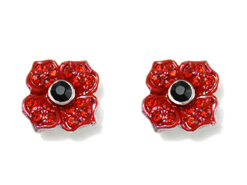 This delicate pair of 10 mm poppy earrings is embellished with red enamel & red crystals, to be warn to commemorate those who have served in the armed forces. 