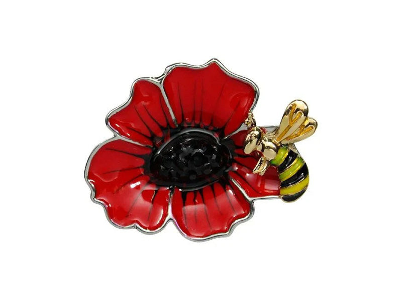 delicate poppy & bee brooch is embellished with a red & yellow enamels