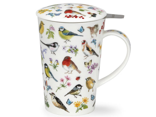 Dunoon Shetland Bird Garden mug set with lid and infuser, featuring illustrated garden birds, flowers and insects on a white background
