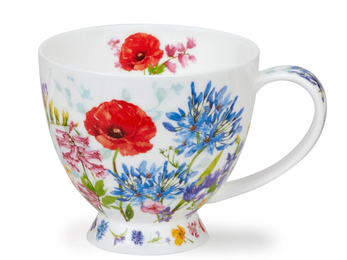 Dunoon Skye Bellflower mug featuring red poppies, blue agapanthus and colourful meadow flowers on a white background