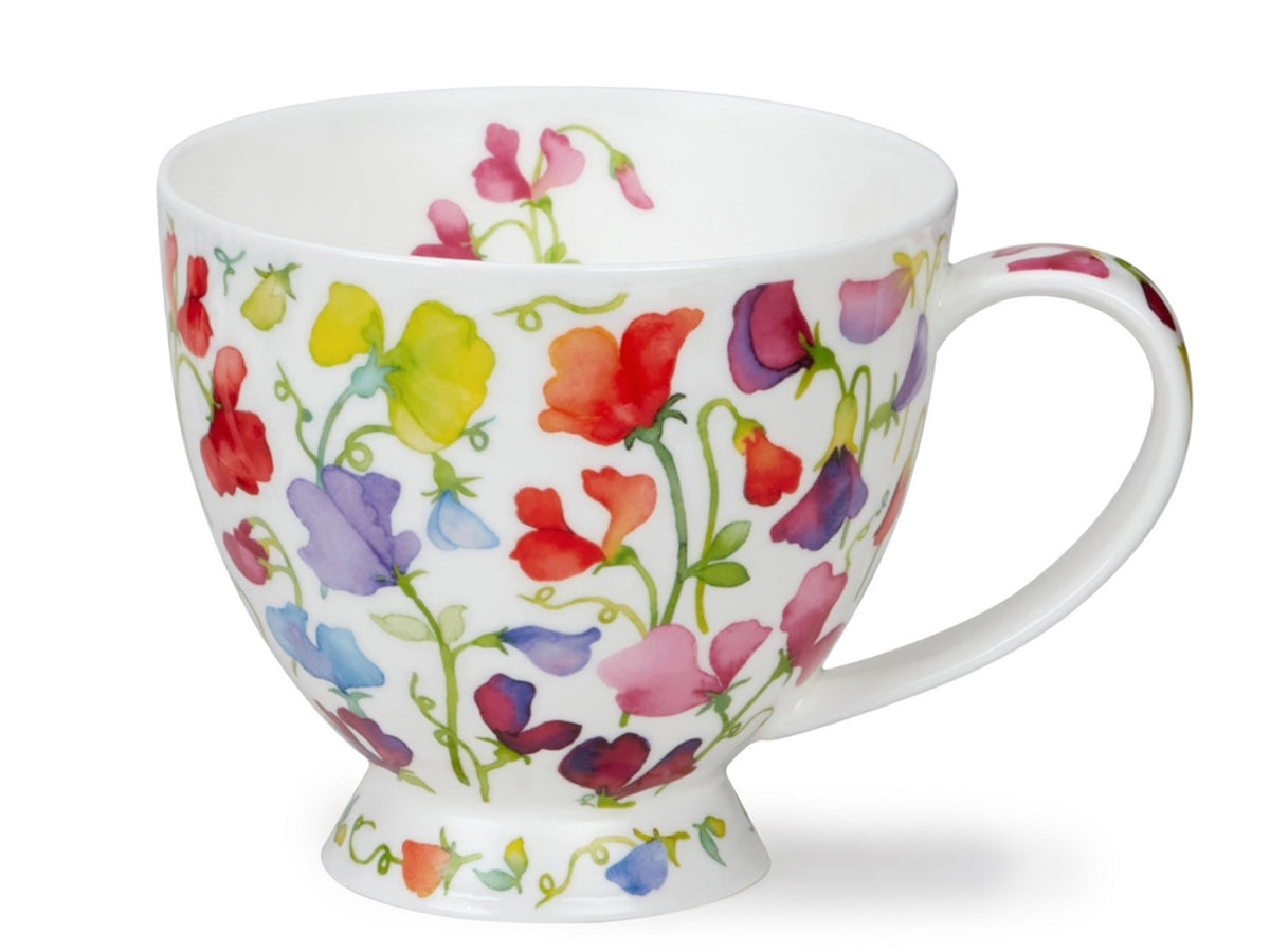 Dunoon Skye Floral Fiesta mug featuring colourful sweet pea style flowers on a white background