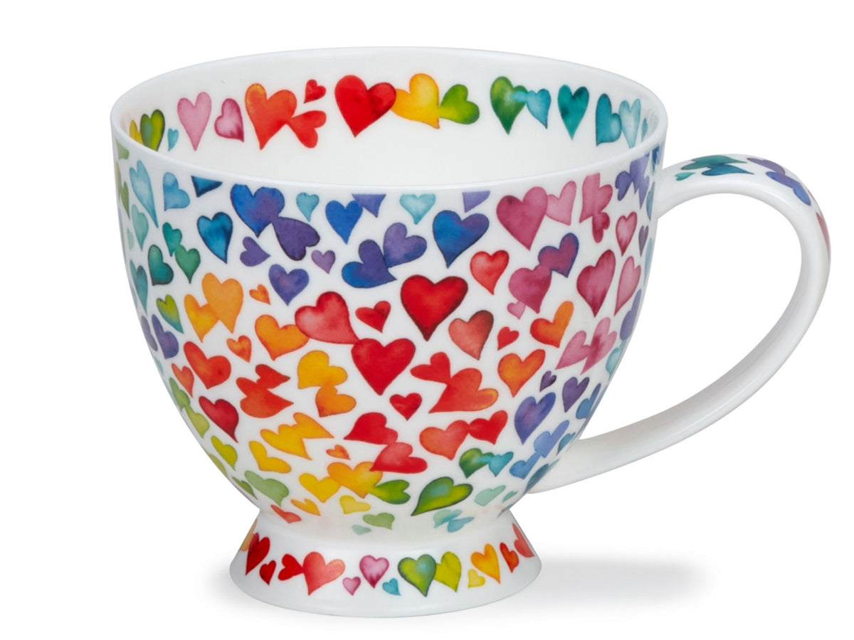 Dunoon Skye Lots of Love mug featuring multicoloured watercolour hearts on a white background