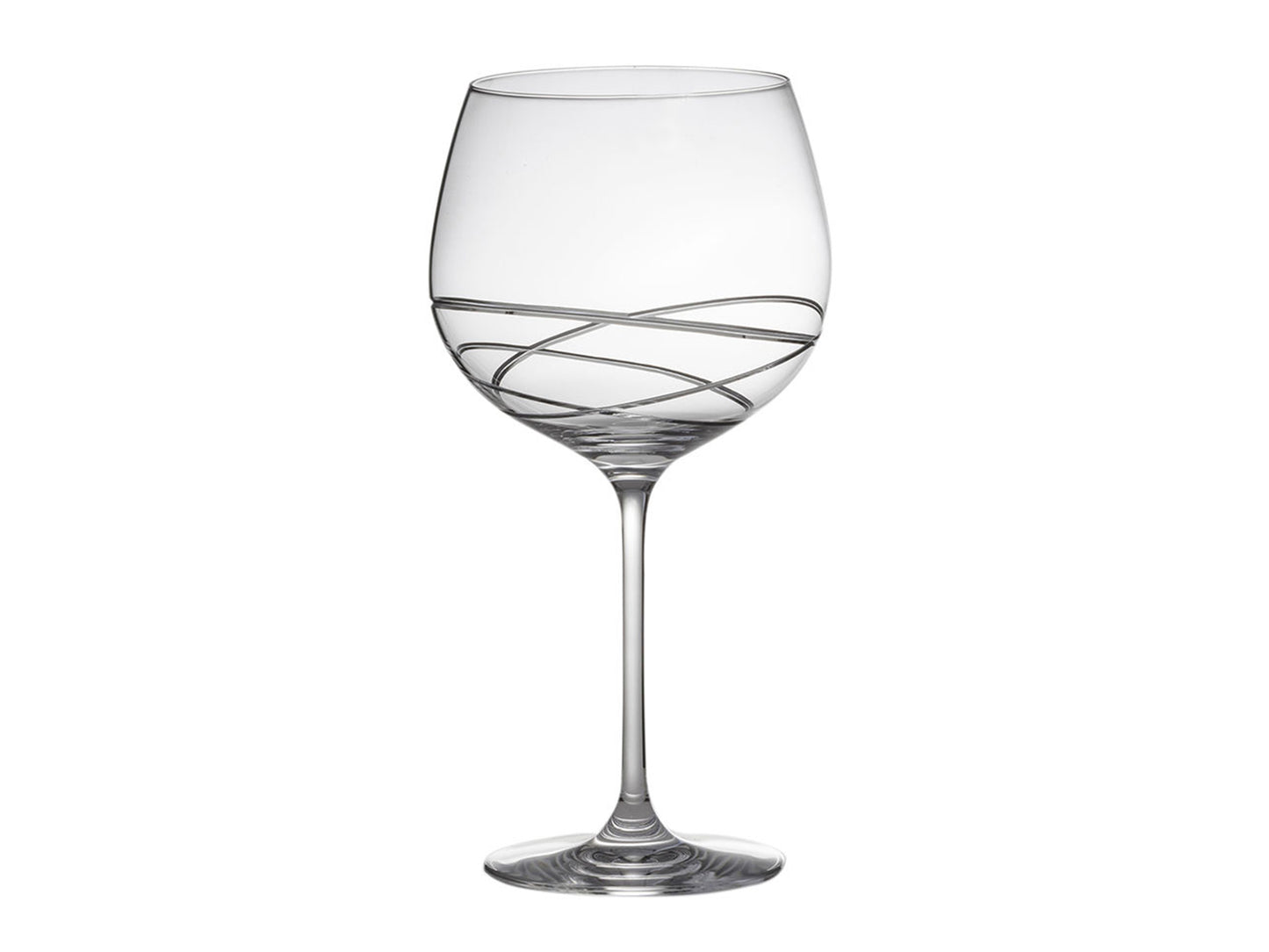 A single crystal gin copa glass that is cut with entwining orbital lines around the base of the bowl