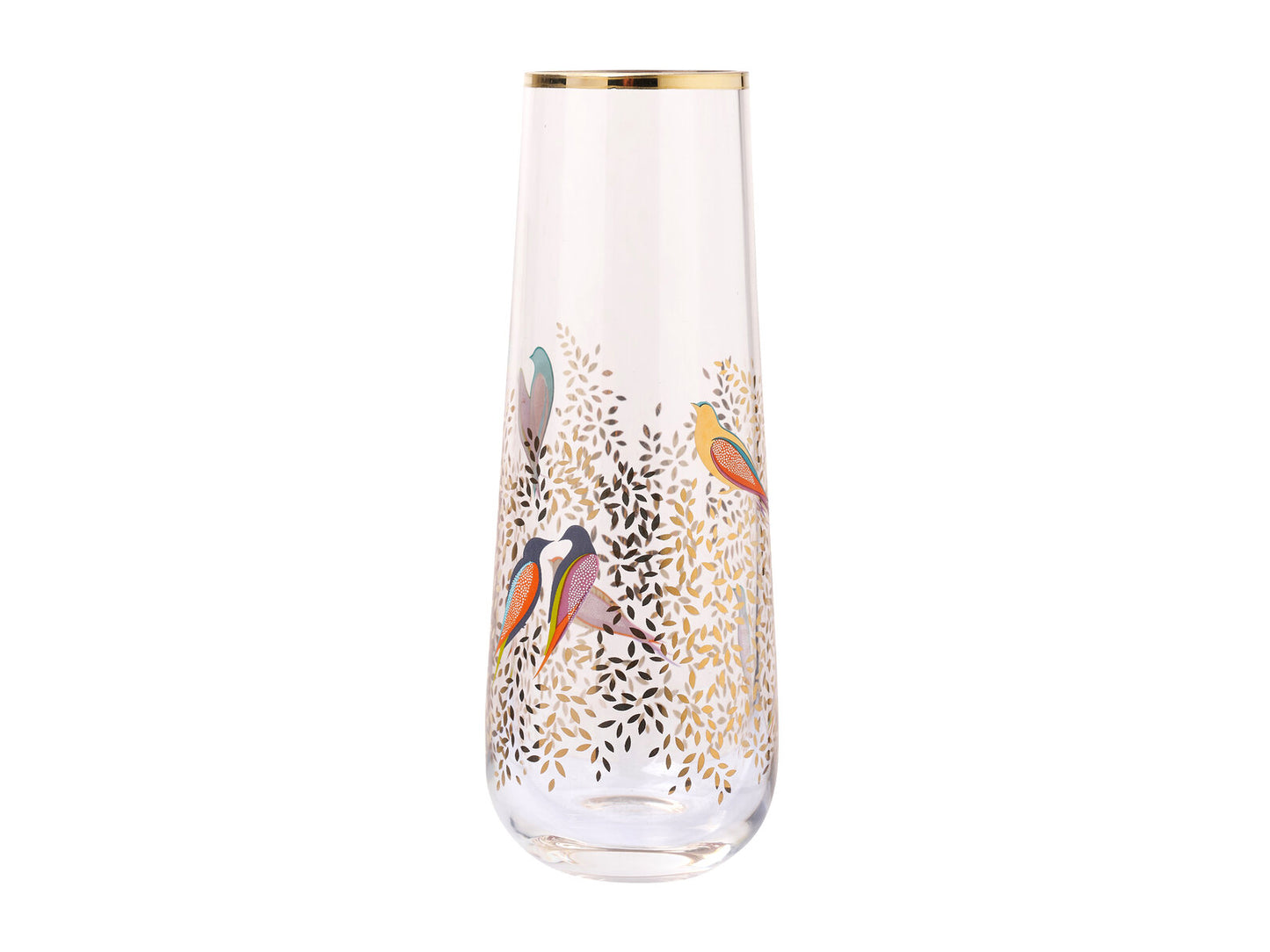 A tapered glass vase with a gold rim and leaves, featuring brightly coloured birds perched amongst the foliage