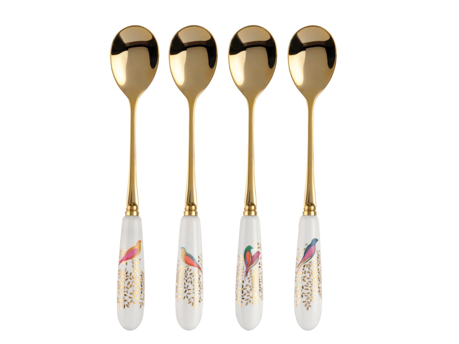 A set of four gold teaspoons with white porcelain handles, decorated with gold leaves and brightly coloured birds