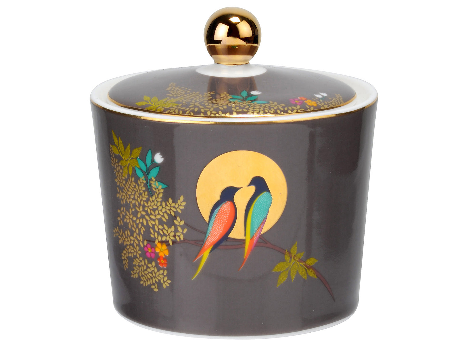 A porcelain sugar pot with matching lid in dark grey, with gold details and two birds in front of a moon