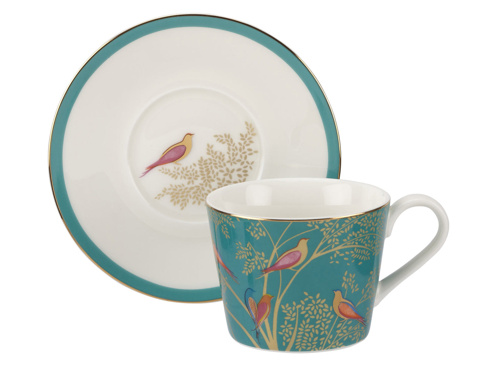 A white porcelain teacup and saucer with a green base, decorated with gold foliage and rightly coloured birds.