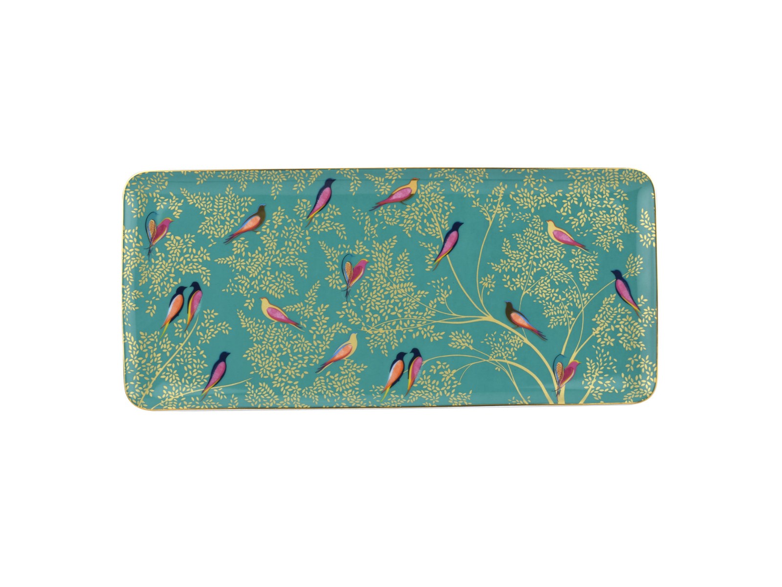 A rectangular porcelain sandwich tray with a green background and a gold foliage design with colourful birds sitting in the branches