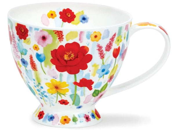 Dunoon Skye Floral Burst Red fine bone china mug with red, pink, yellow and blue watercolour flowers on a large teacup-style shape