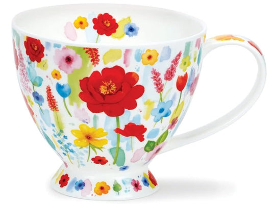 Dunoon Skye Floral Burst Red fine bone china mug with red, pink, yellow and blue watercolour flowers on a large teacup-style shape