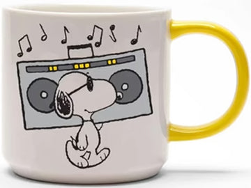 Start your mornings right with this Magpie x Peanuts mug collaboration. This delightful mug showcases the beloved Snoopy jamming to tunes on a massive boombox. On the back of the mug, bold black lettering declares 'Music is Life,' complemented by a sunshine yellow handle. 