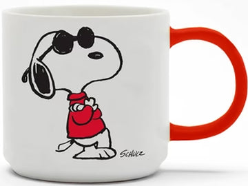 This mug has Snoopy posing in his red jumper and cool sunglasses, it has a red handle and the wording in black text on the reverse of the mug that says Stay Cool