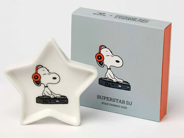 Magpie x Peanuts Superstar DJ star-shaped trinket tray featuring Snoopy as a DJ with headphones and turntables, ceramic dish for jewellery