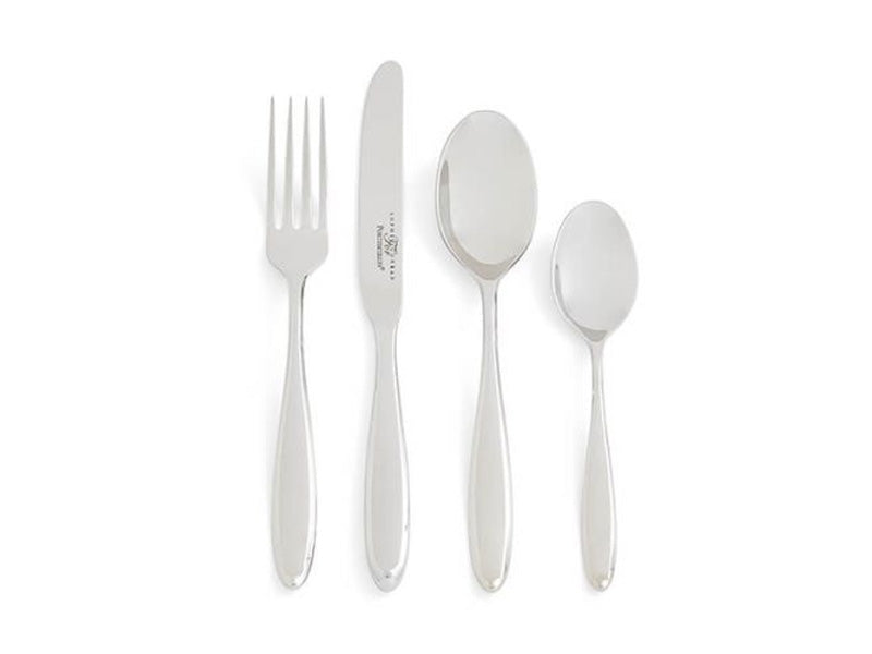 A 24 piece set of stainless steel cutlery, including 6 forks, 6 knifes, 6 spoons and 6 teaspoons. Each piece is designed with a wide handle that tapers in at the neck, and is a clash of contemporary and classic aesthetics.