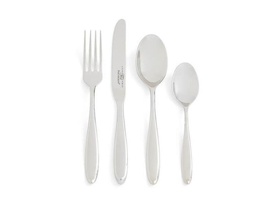A 24 piece set of stainless steel cutlery, including 6 forks, 6 knifes, 6 spoons and 6 teaspoons. Each piece is designed with a wide handle that tapers in at the neck, and is a clash of contemporary and classic aesthetics.
