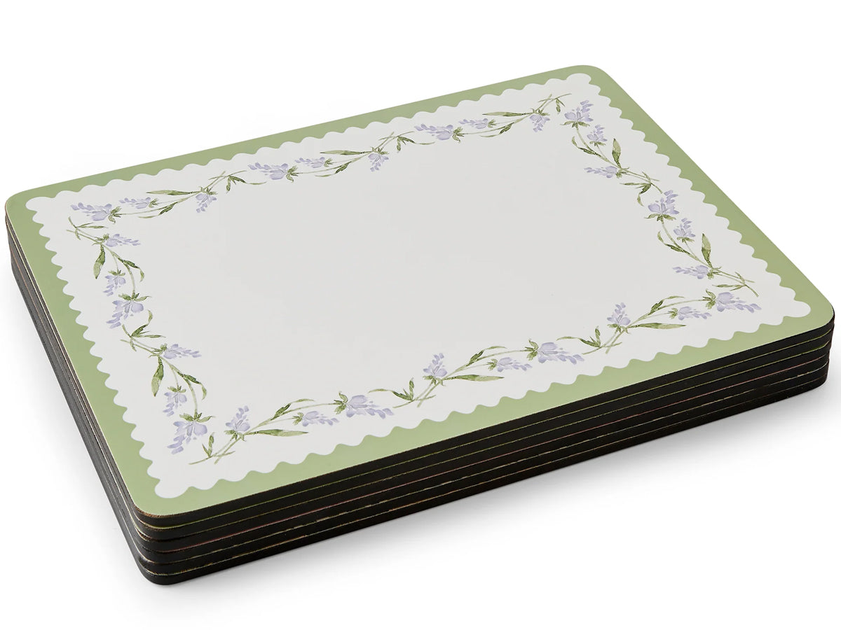 Sophie Conran for Portmeirion Lavandula set of 6 rectangular placemats with lavender sprig border, scalloped white centre and soft green edge.