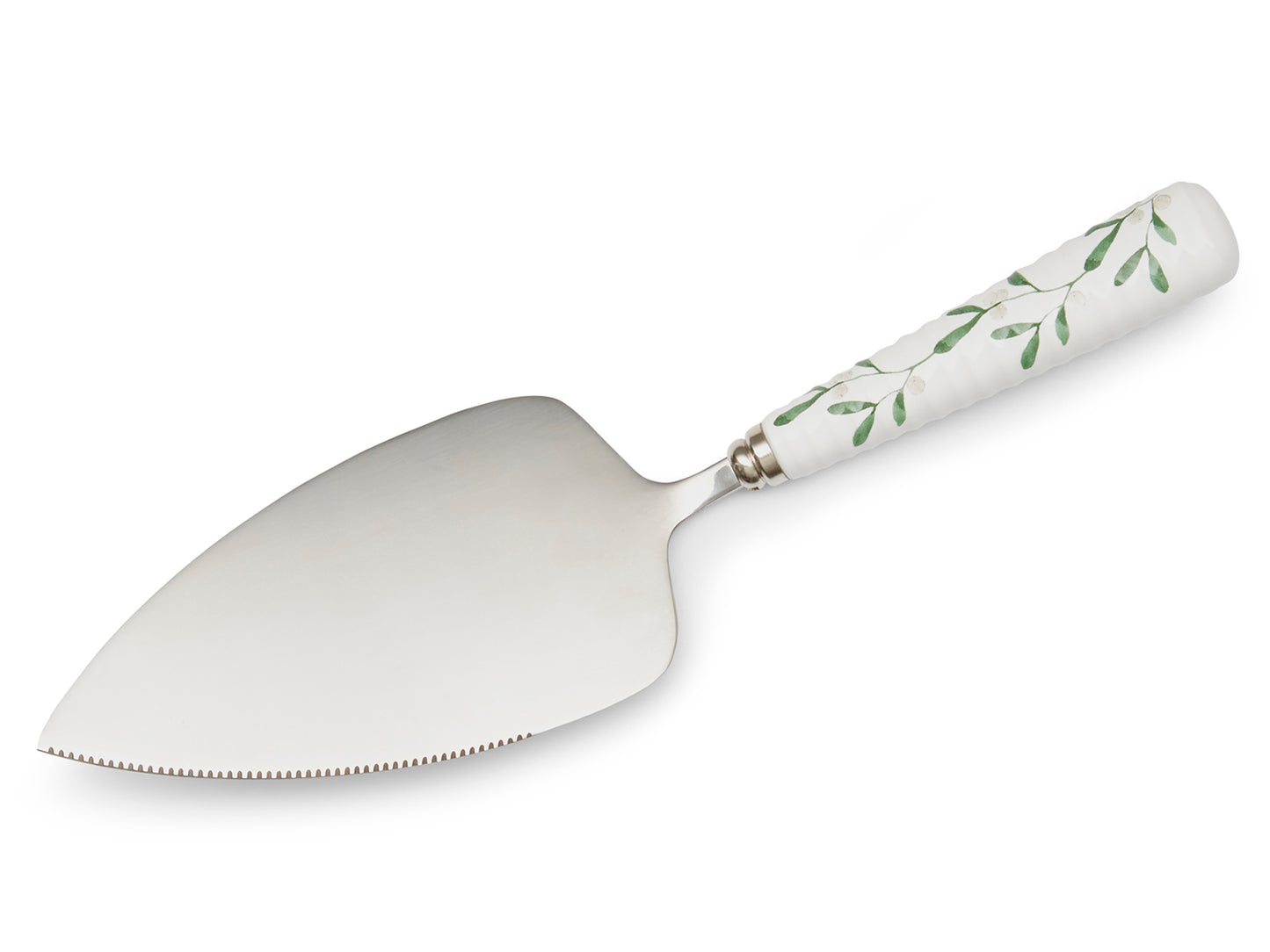 Part of Sophie Conran's Mistletoe range, this festive cake slice has a white porcelain handle that has been designed with Sophie's textured ripple effect and printed with a string of mistletoe. The slice itself is stainless steel and has a serrated edge that is perfect for slicing up a fruit cake to enjoy as a Christmas day dessert.